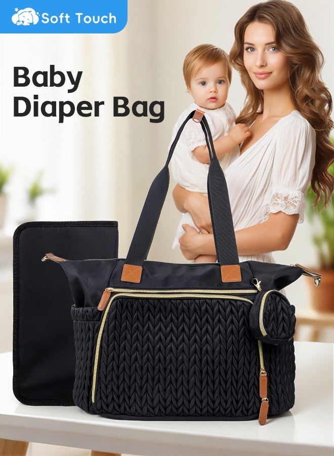 Soft Touch Diaper Bag Tote, Waterproof Mommy Bag, Large Capacity Travel Baby Diaper Bag, Hospital Bag for Labor Delivery, Nappy Bag with Pacifier Case, Changing Pad and Shoulder Strap (Black)